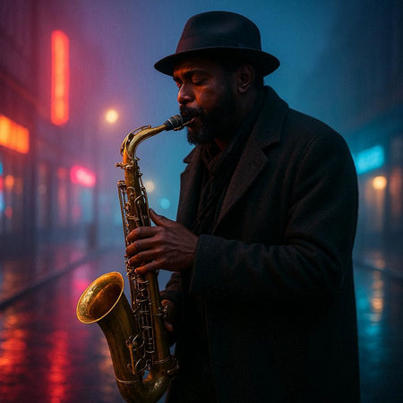 Handsome african american jazz musician playing the saxophone in the street at night.