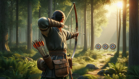Archer with bow and arrow in the forest. 3d render