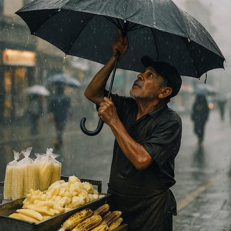 Street vendor with an umbrella on a rainy day in Istanbul, Turkey