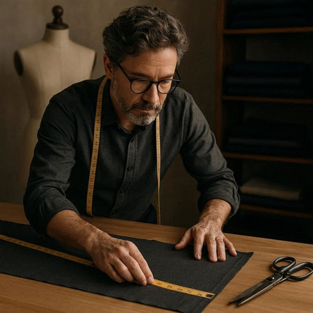Fashion designer working in his studio. Handsome mature man in eyeglasses using sewing machine while working in his workshop