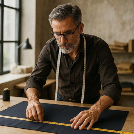 Fashion designer working on his designs in his studio. Confident mature man in eyeglasses using a tape measure while working on his designs in his workshop