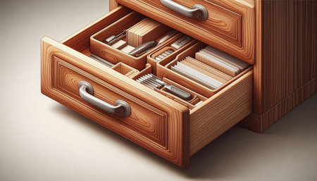 Wooden drawer with documents in it. 3D illustration. Vintage style.