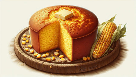 Cereal cake with corn and butter in a wooden plate.