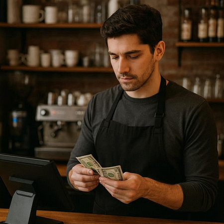 Handsome barista in apron counting money at counter in cafe