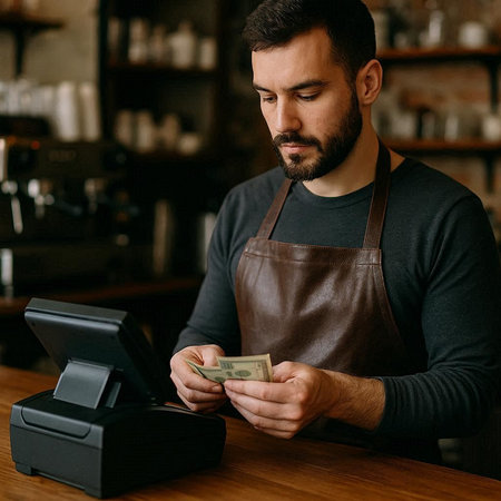 Handsome bearded barista in apron counting money from cash register.