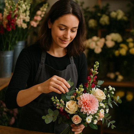 Female florist making a bouquet in her flower shop.