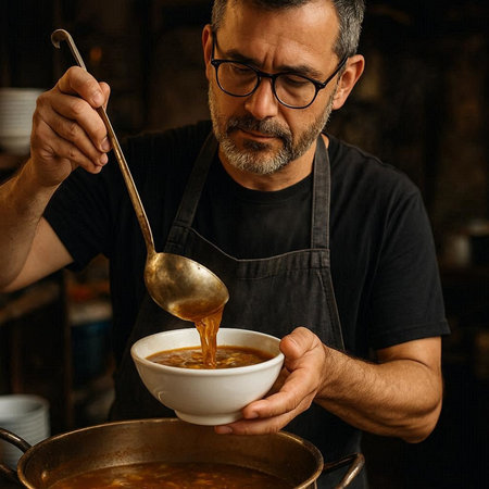 Chef cooking soup in a restaurant kitchen. Man in apron and glasses is cooking soup.