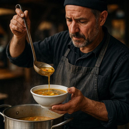 Senior man cooking soup in the kitchen of a restaurant or cafe.