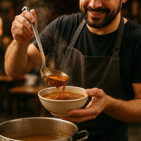 Close-up of a man preparing soup in a restaurant kitchen.