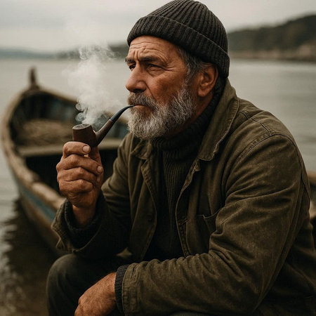 Portrait of an old man smoking a pipe on the bank of the river.