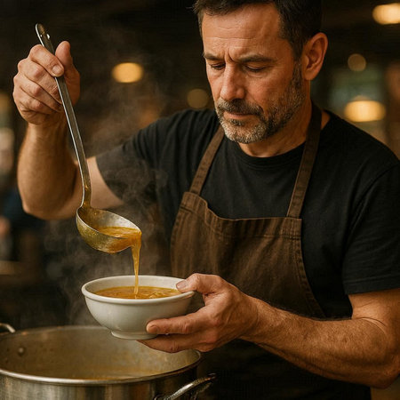 Portrait of a mature man cooking soup in a restaurant kitchen.