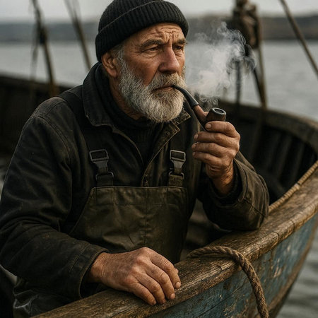 Portrait of an old man with a gray beard smoking a pipe on a boat