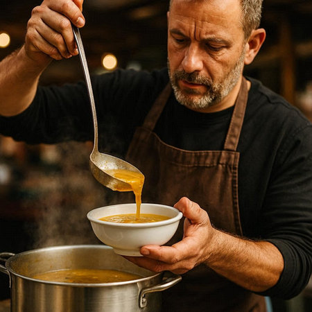 Close up of a male cook pouring honey from a spoon into a bowl