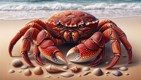 Crab on the beach, 3d rendering. Computer digital drawing.