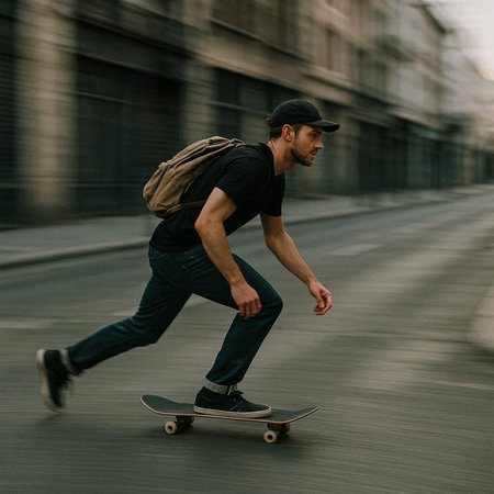 skateboarder riding on longboard in city, motion blur