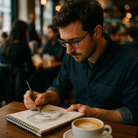Young man in glasses sitting in a cafe and drawing on a sketchbook