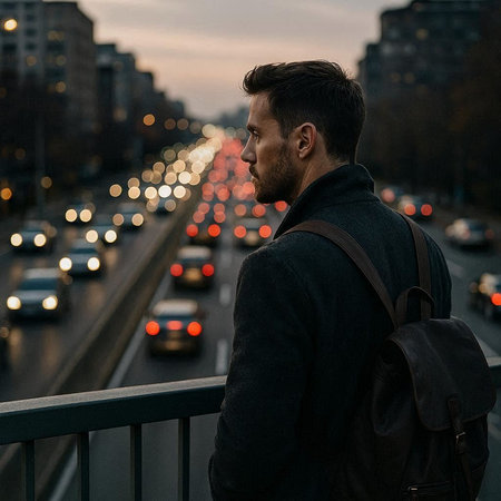 Handsome young man with a backpack on the bridge in the evening.