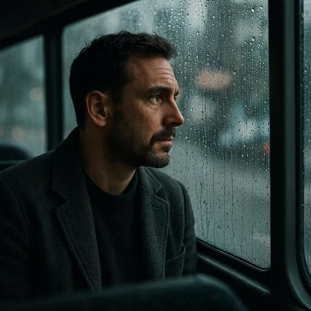 Portrait of a handsome man in a bus. Rainy day.