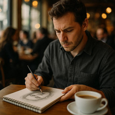 Man sitting at a table in a cafe with a cup of coffee.