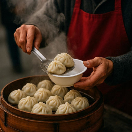 steamed dumplings in a steamer in a restaurant kitchen