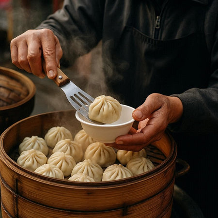 Steamed dumplings in a steamer on a black background