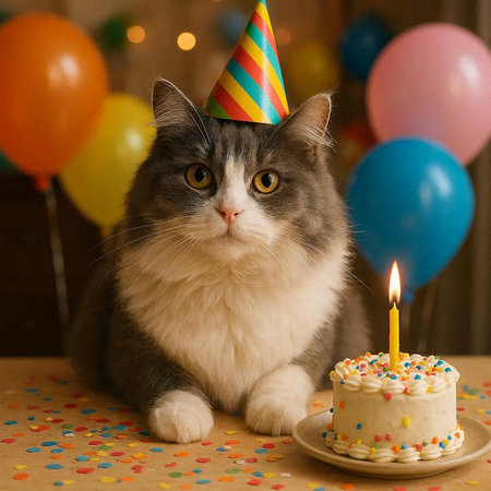 Cute cat with birthday cake and balloons on the background. Selective focus.