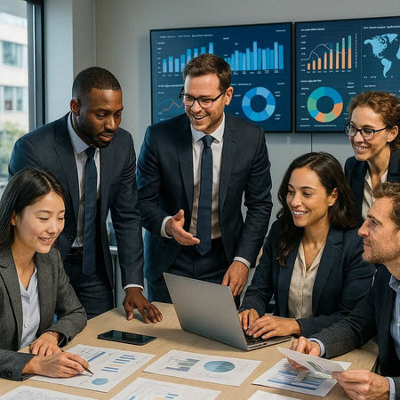 Group of business people working and communicating together in the office. Multiethnic corporate business team.