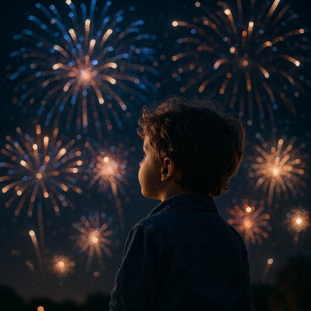 Boy looks at fireworks in the night sky. Happy childhood concept.の写真素材