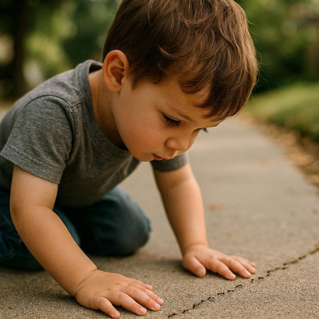 Cute little boy crawling on the ground in the park. Close up.