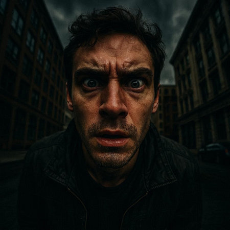 Portrait of a man with a scared look on his face.