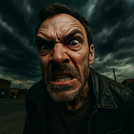 Portrait of a scary man with big eyes on the background of a stormy sky
