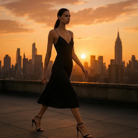 Beautiful young woman in black evening dress walking on the roof of a skyscraper at sunset