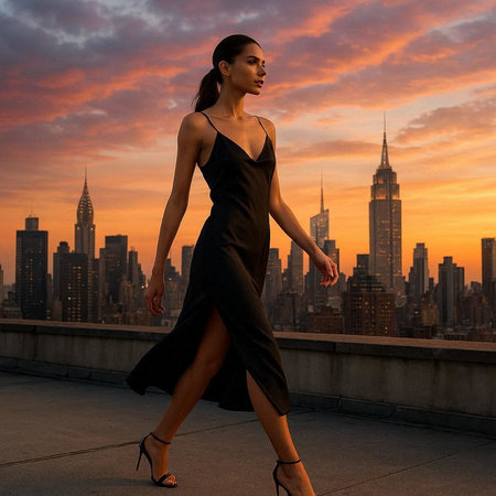 Beautiful woman in black evening dress walking on New York Manhattan bridge at sunset