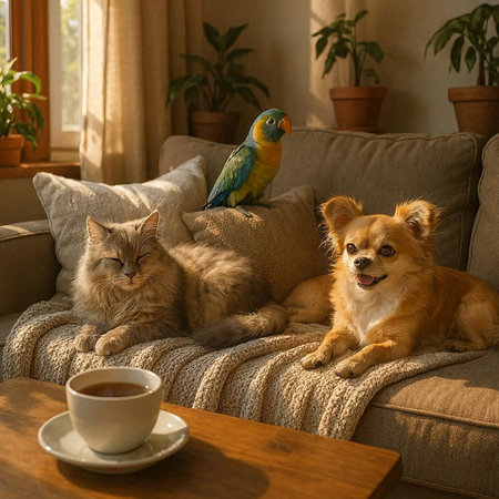 Cat and dog sitting on sofa with cup of coffee and parrot