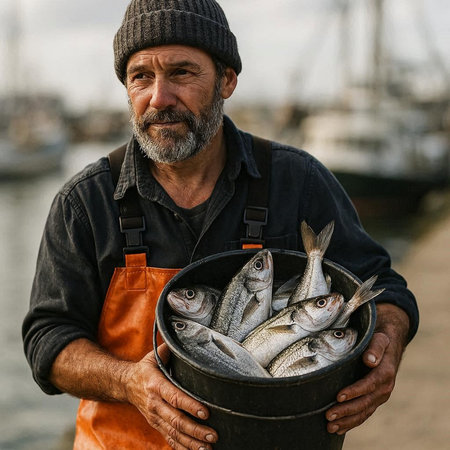 Fisherman holding a bucket full of freshly caught sea bass fish