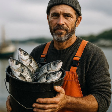 Fisherman holding a bucket of freshly caught seabass.