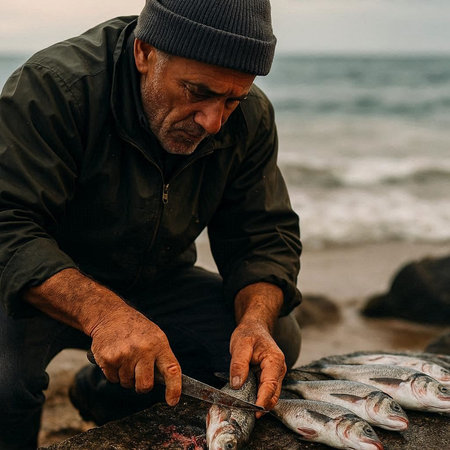 Fisherman cutting fish with a knife on the seashore