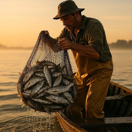 Fisherman with net catch of fish in the boat at sunset