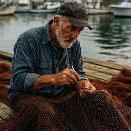 Fisherman sews a net on a fishing boat in the port.