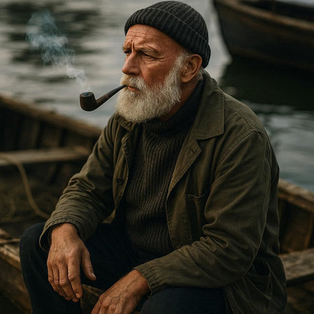 Portrait of an old man smoking a pipe on a pier.