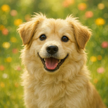 Portrait of a golden retriever dog on a background of flowers