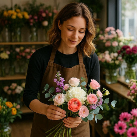 Female florist holding a bouquet of flowers in her flower shop