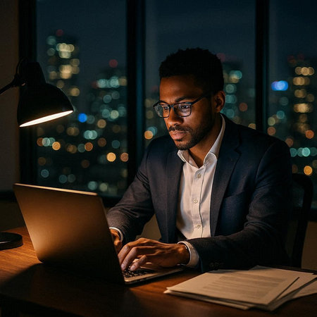 Portrait of confident young African businessman working on laptop at night.