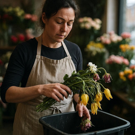 Female florist making bouquet of yellow flowers in flower shop