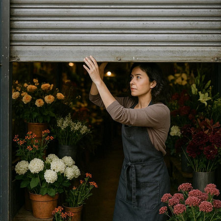 Female florist standing in front of a flower shop window.