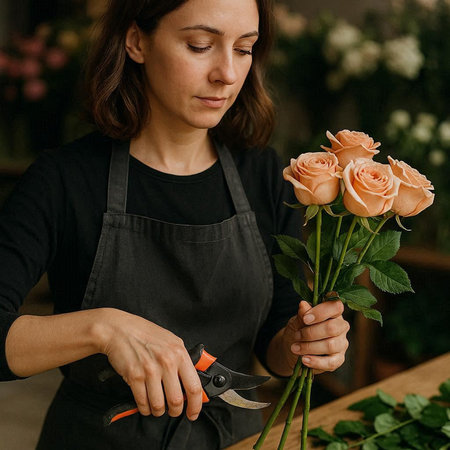 Female florist in apron cutting roses with scissors in flower shop
