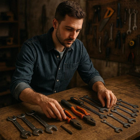 Handsome male carpenter working with tools in his workshop.
