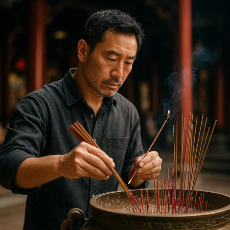 Asian man lighting incense sticks in a temple in Beijing, China