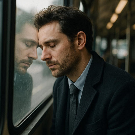 Portrait of a sad businessman standing by the window in the subway.