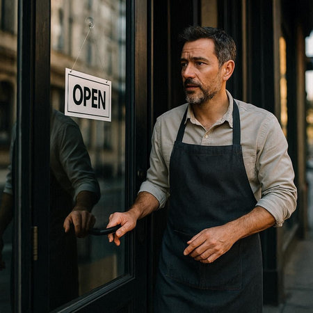 selective focus of mature man in apron holding open sign on door